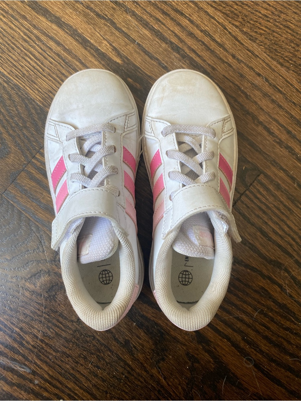 adidas Kids White Sneakers with Pink Stripes and Hook-and-Loop Strap